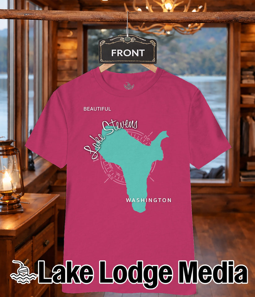 Pink t-shirt with Washington state map and compass graphic.