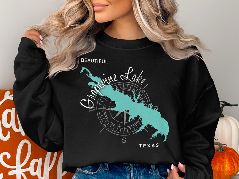 Black sweatshirt with a teal map of Grapevine Lake and compass rose graphic.