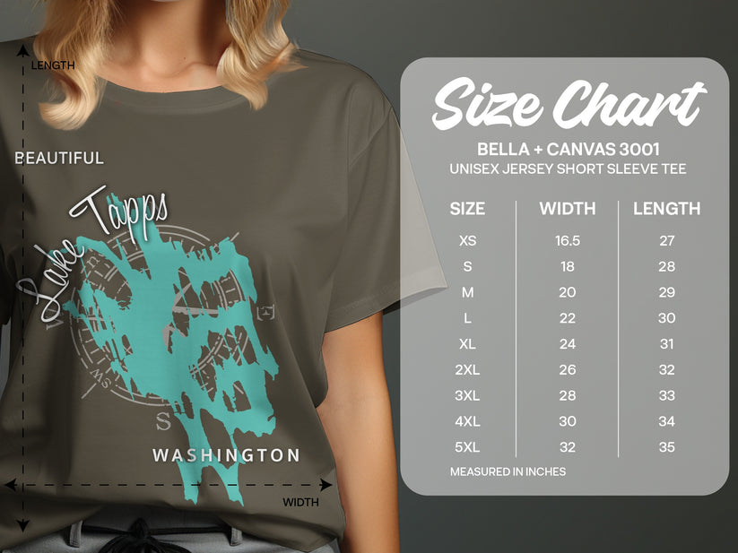 T-shirt size chart for Bella + Canvas 3001 unisex jersey short sleeve tee.