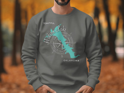 Gray sweatshirt featuring a teal map outline of Hudson Lake, Oklahoma.