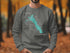 Gray sweatshirt featuring a teal map outline of Hudson Lake, Oklahoma.