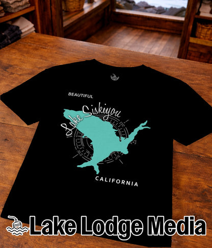 Black t-shirt with a teal silhouette of Lake Siskiyou and "CALIFORNIA".