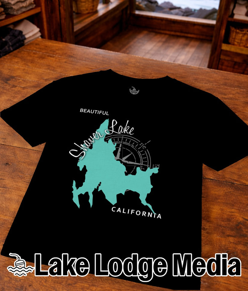Black t-shirt with Shaver Lake California map graphic and compass.