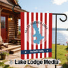 Garden flag with red and white stripes, West Okoboji Lake map, and "The Smith Family."