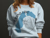 Light blue crewneck sweatshirt with Grand Lake Colorado map and compass graphic.