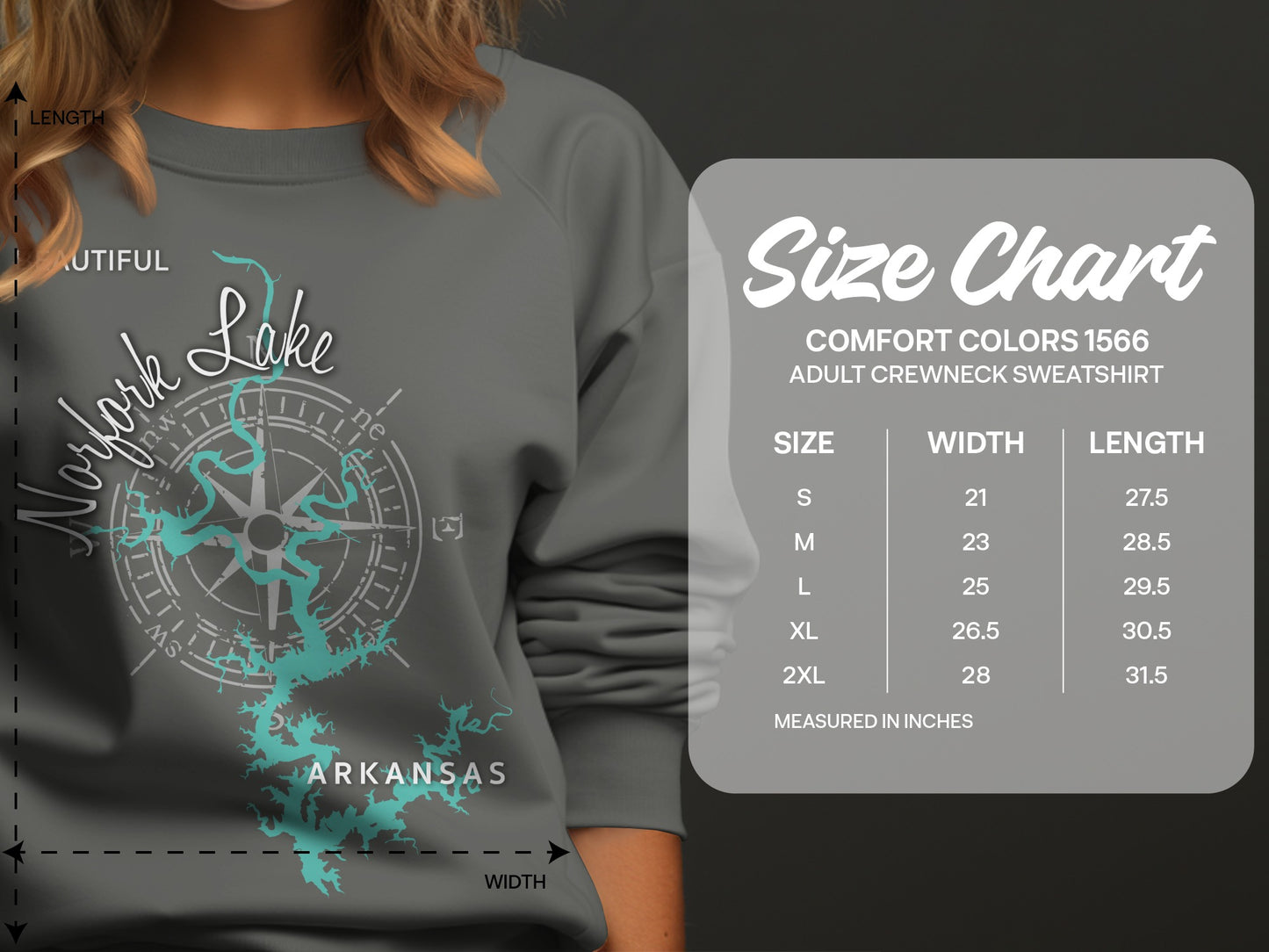 Crewneck sweatshirt size chart with Norfork Lake graphic.