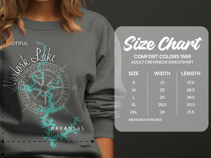 Crewneck sweatshirt size chart with Norfork Lake graphic.
