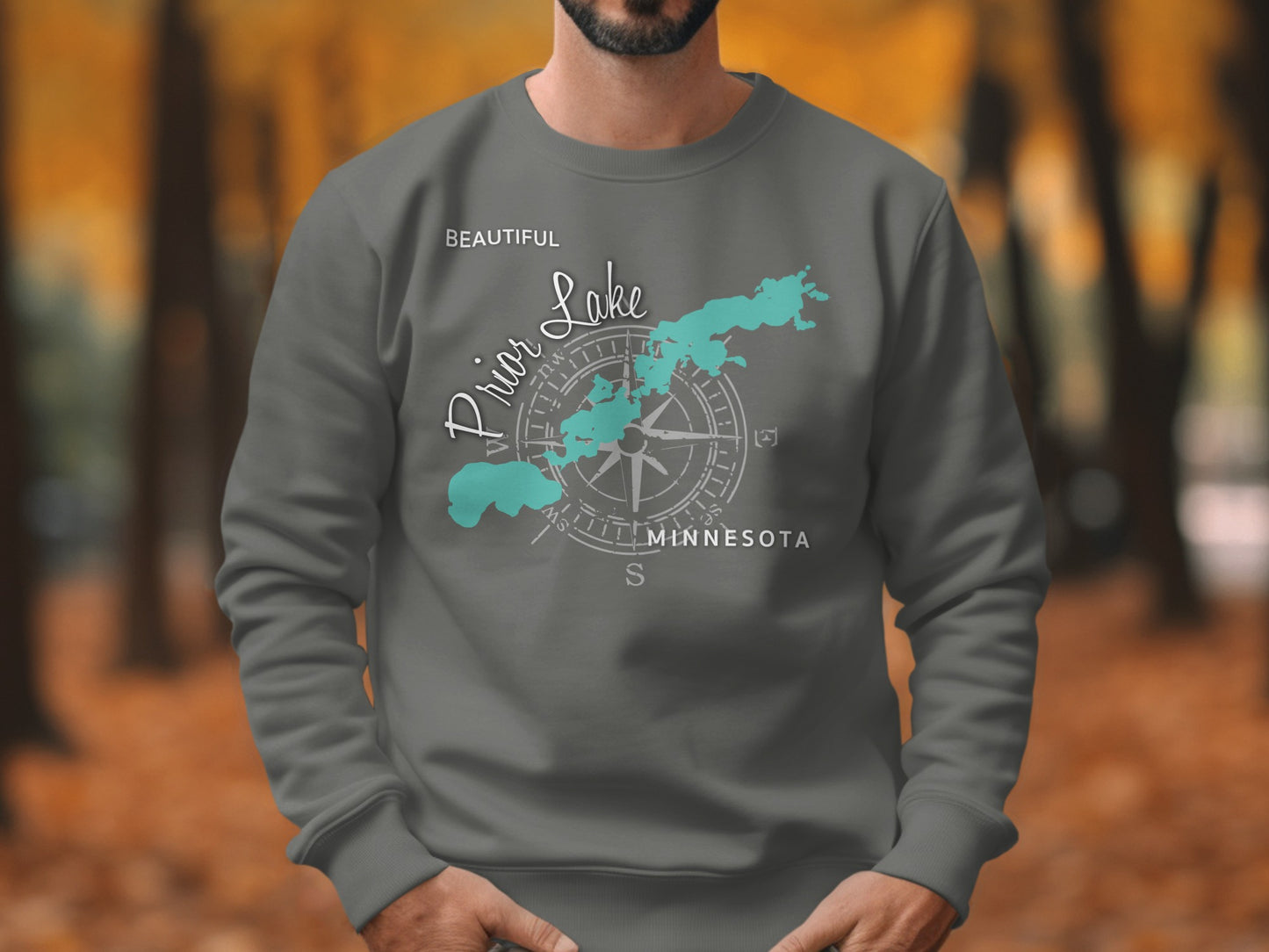 Grey sweatshirt with "Beautiful Prior Lake Minnesota" and compass design.