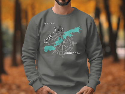 Grey sweatshirt with "Beautiful Prior Lake Minnesota" and compass design.