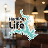 Harding Life sticker with outline of Lake Harding.