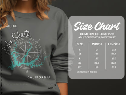 Lake Shasta California graphic on gray sweatshirt with size chart.