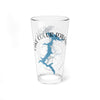 Clear glass pint glass with blue Lake Coeur d'Alene map and compass graphic.