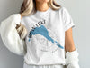 White t-shirt with map of Bow Lake Alberta and compass graphic.