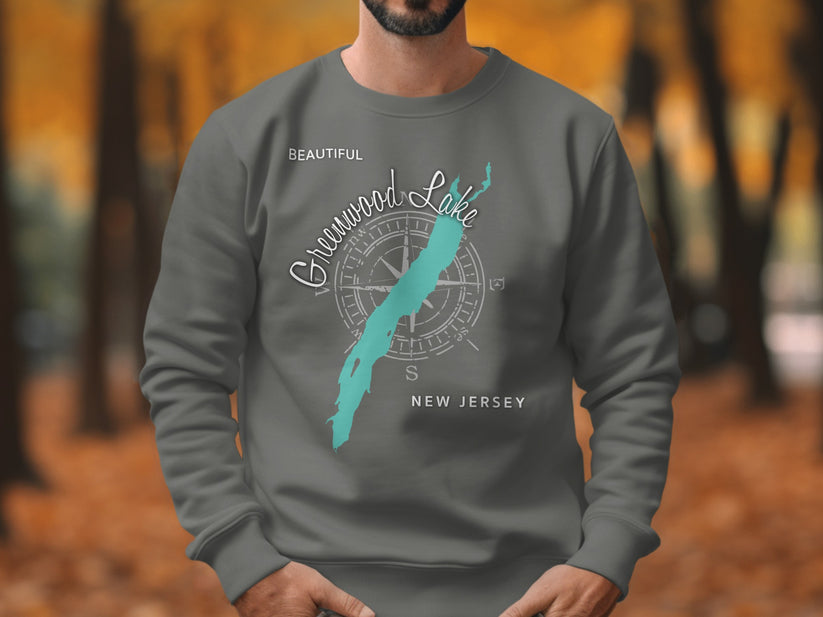 Gray sweatshirt with "Beautiful Greenwood Lake" text and compass graphic.