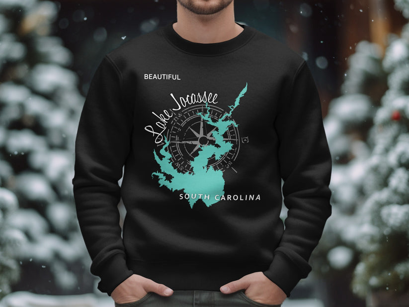 Black sweatshirt with turquoise Lake Jocassee map and compass design.