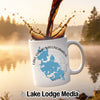 White mug with Lake Chaubunagungamaug, Massachusetts map design. Coffee splash.