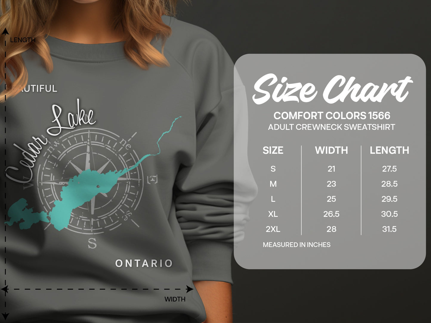 Cedar Lake Ontario sweatshirt size chart with measurements.