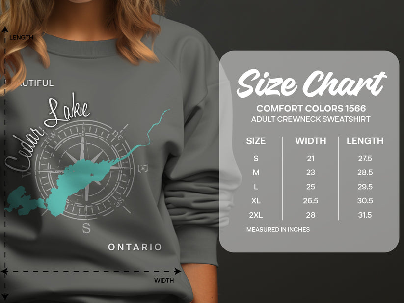 Cedar Lake Ontario sweatshirt size chart with measurements.