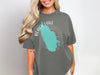 Gray t-shirt with Black Lake map and compass design, reads "Black Lake New York."