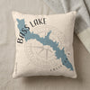 Pillow with Bass Lake, California map and compass design.