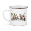 White enamel mug featuring a whimsical scene forming the word "Lake."