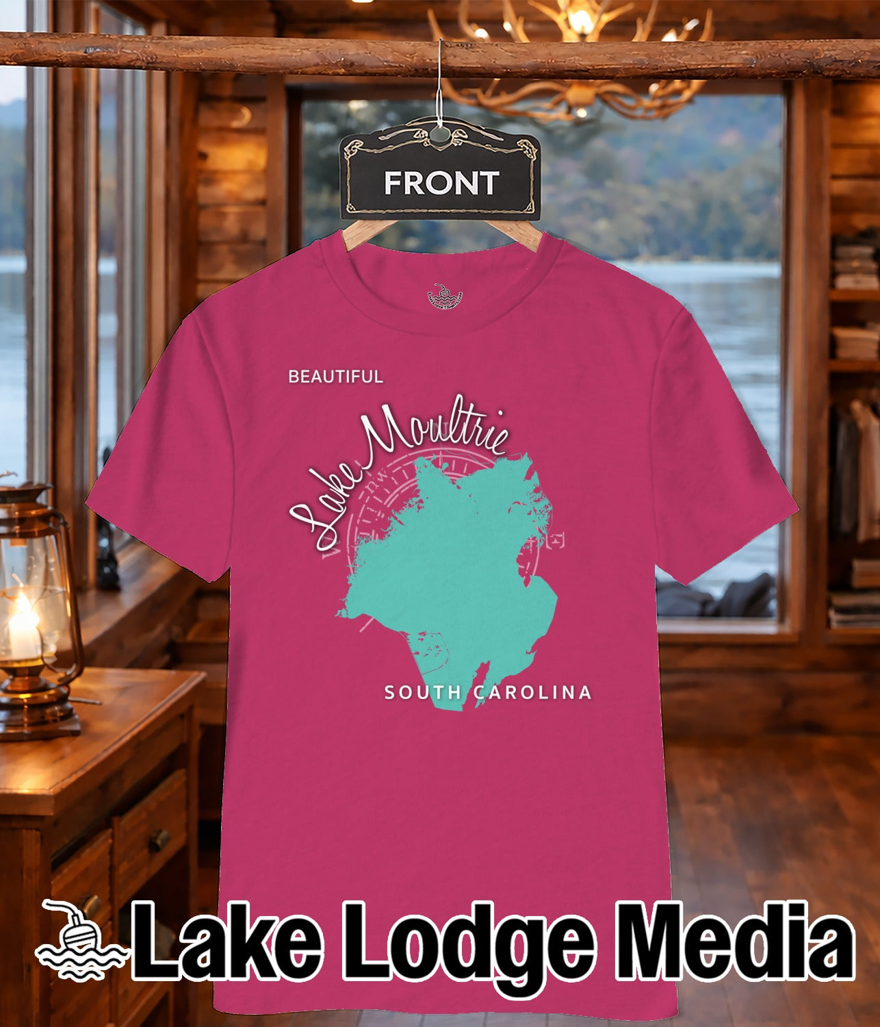 Pink t-shirt with teal outline map of Lake Moultrie, South Carolina.
