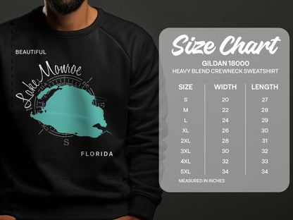 Gildan 18000 sweatshirt size chart for Lake Monroe graphic.