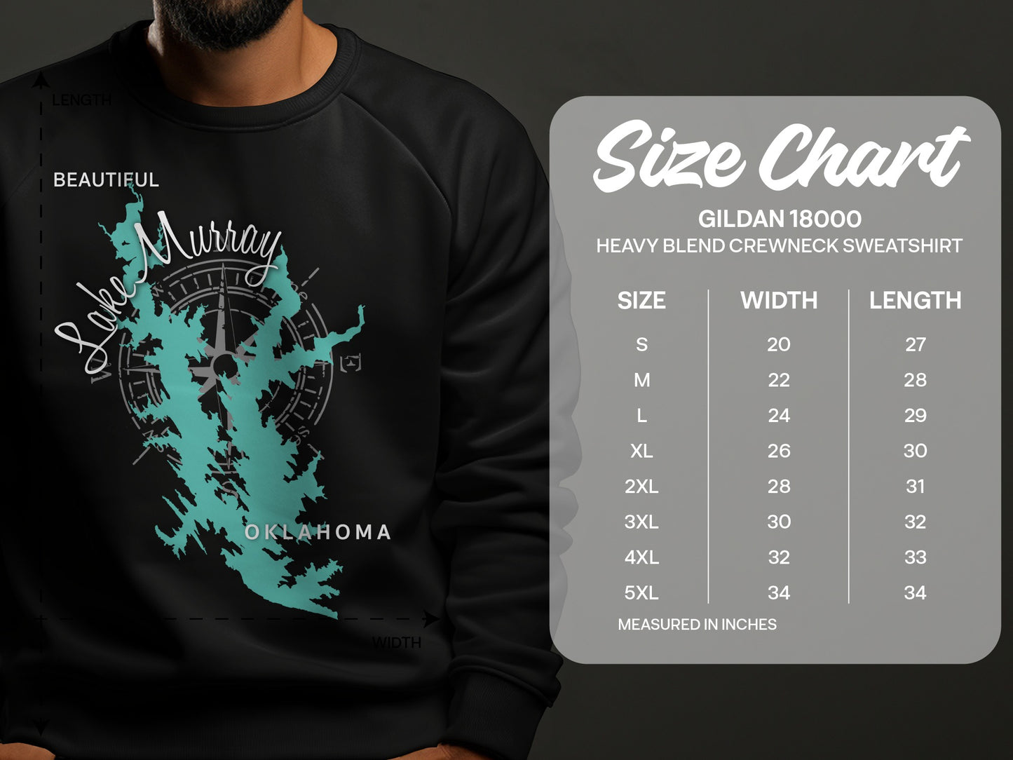 Crewneck sweatshirt with Lake Murray Oklahoma map and size chart.