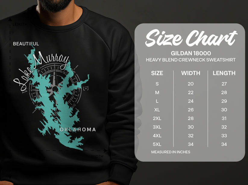 Crewneck sweatshirt with Lake Murray Oklahoma map and size chart.