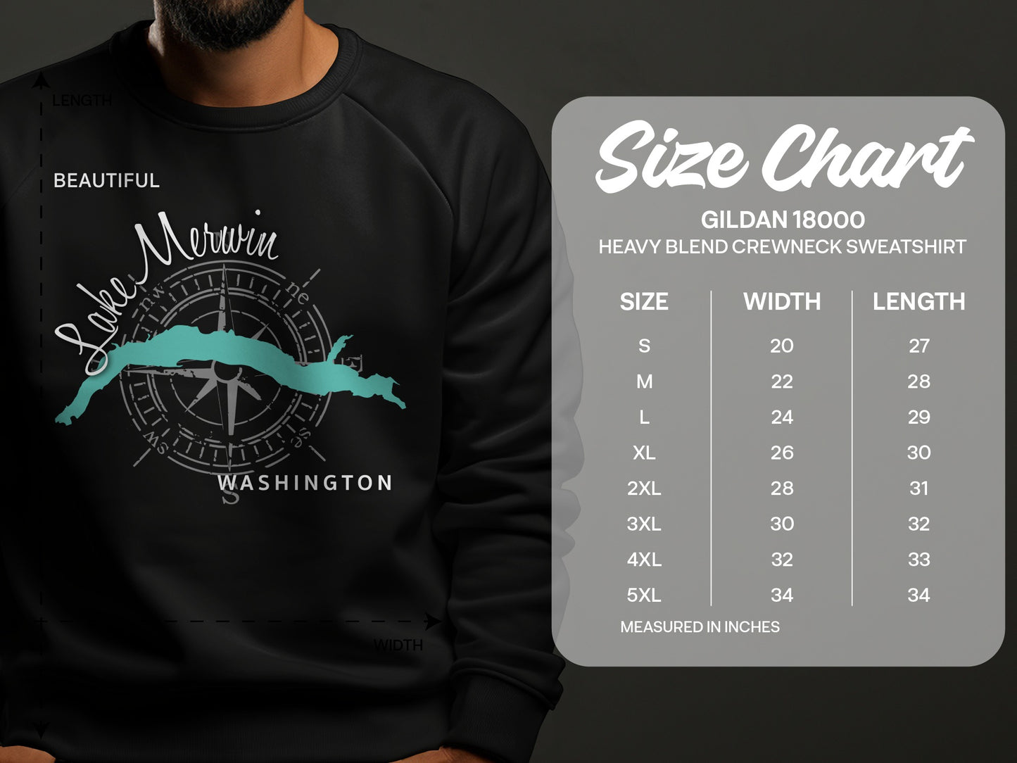 Sweatshirt with Lake Merwin map graphic and Gildan 18000 size chart.