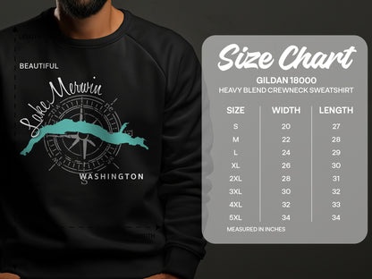 Sweatshirt with Lake Merwin map graphic and Gildan 18000 size chart.