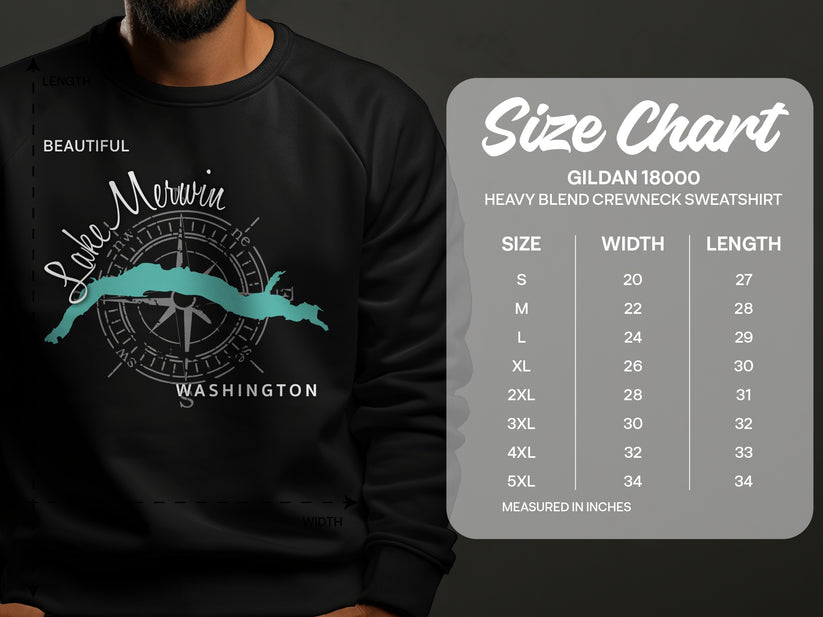 Sweatshirt with Lake Merwin map graphic and Gildan 18000 size chart.