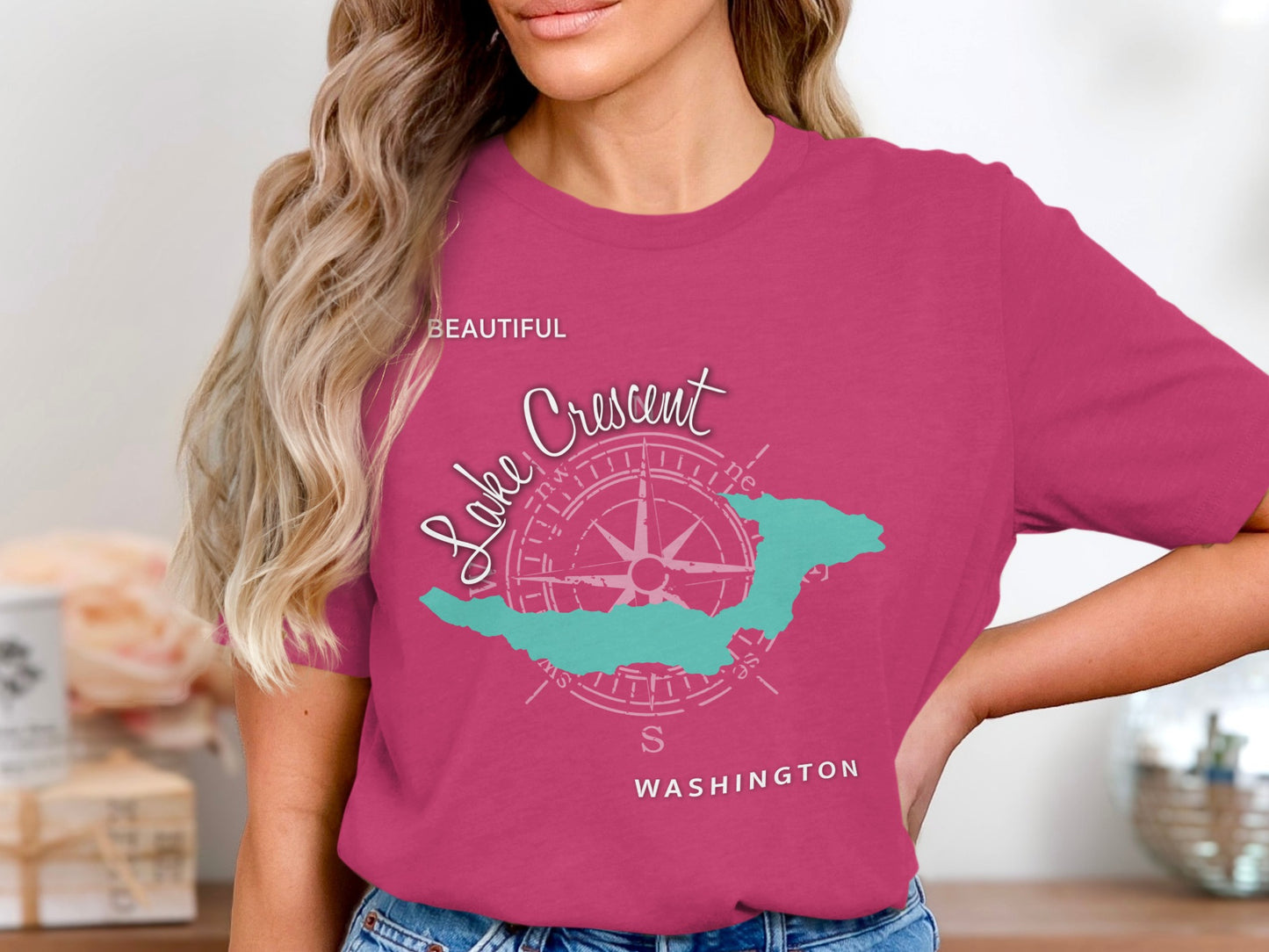 Pink t-shirt featuring a compass rose and the text "Beautiful Lake Crescent Washington".