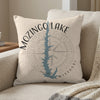 Throw pillow with blue outline of Mozingo Lake, Missouri, and compass design.