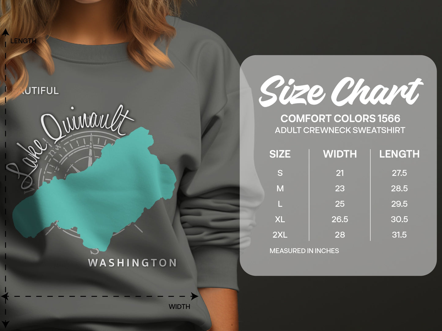Lake Quinault Washington sweatshirt size chart.