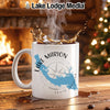White mug with Lake Marion map and compass design, spilling coffee.