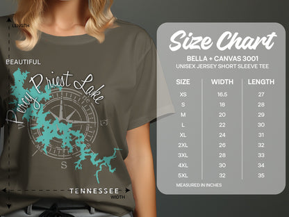 T-shirt size chart for Bella + Canvas 3001 with Percy Priest Lake graphic.