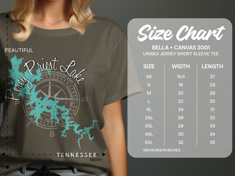 T-shirt size chart for Bella + Canvas 3001 with Percy Priest Lake graphic.
