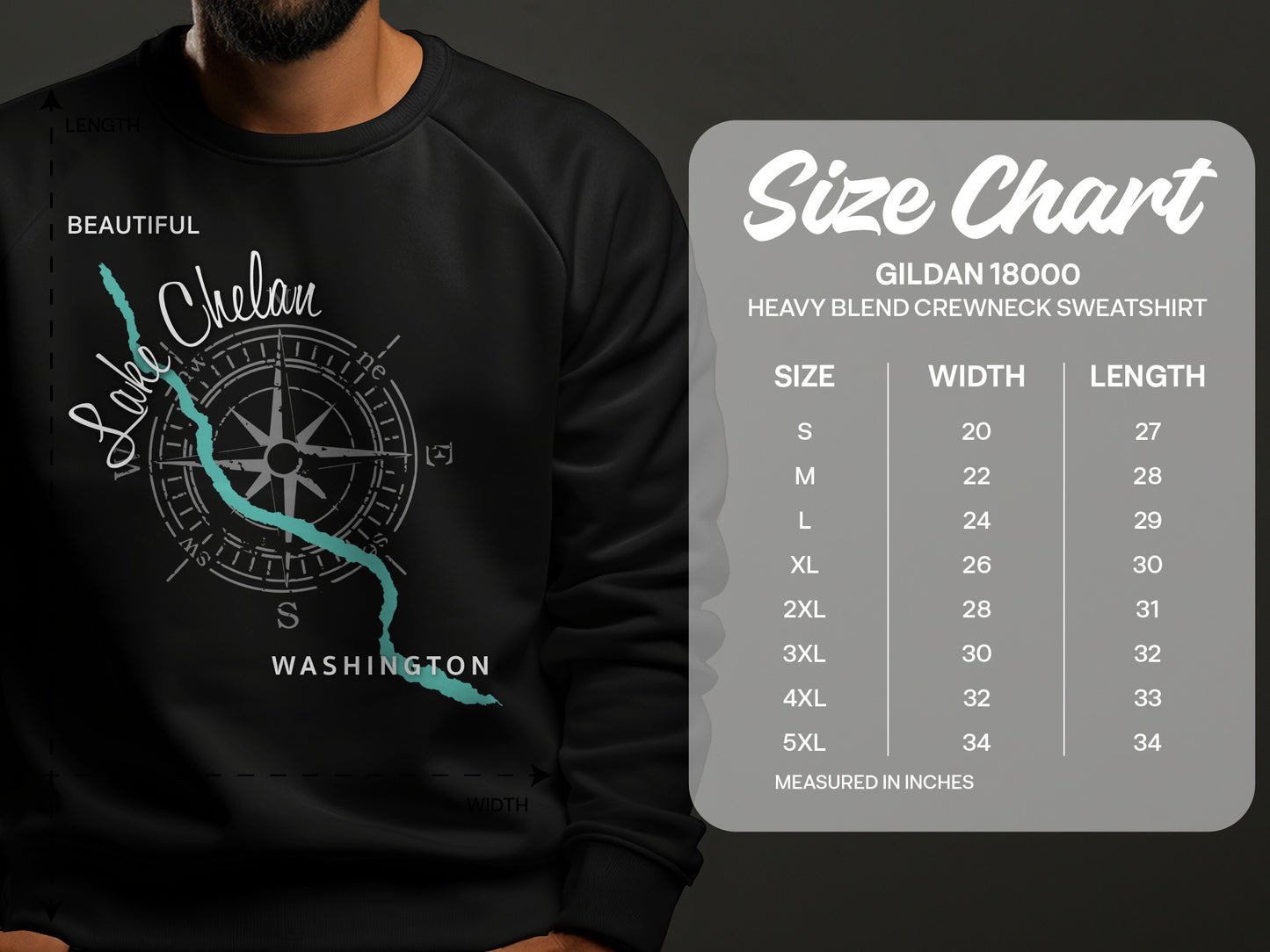 Sweatshirt size chart with Lake Chelan map and compass graphic.