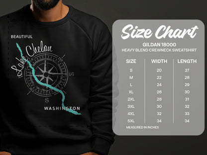 Sweatshirt size chart with Lake Chelan map and compass graphic.