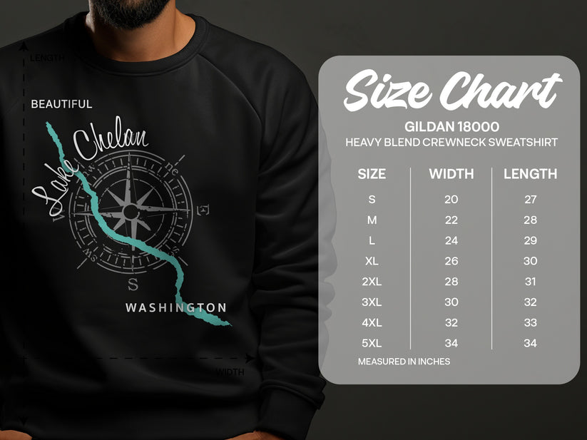 Sweatshirt size chart with Lake Chelan map and compass graphic.