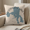 Pillow with blue Yellowstone Lake map design and text "Yellowstone Lake Wyoming".