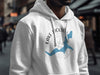 White hoodie with Lake Jackson, Georgia map and compass graphic.