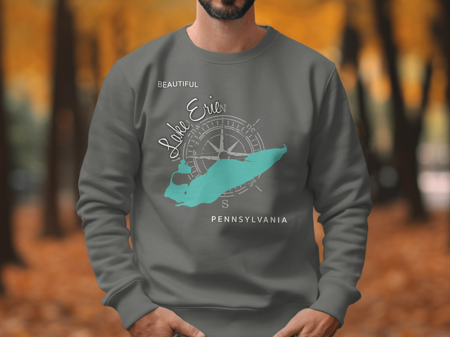 Grey sweatshirt with "Beautiful Lake Erie Pennsylvania" and compass graphic.