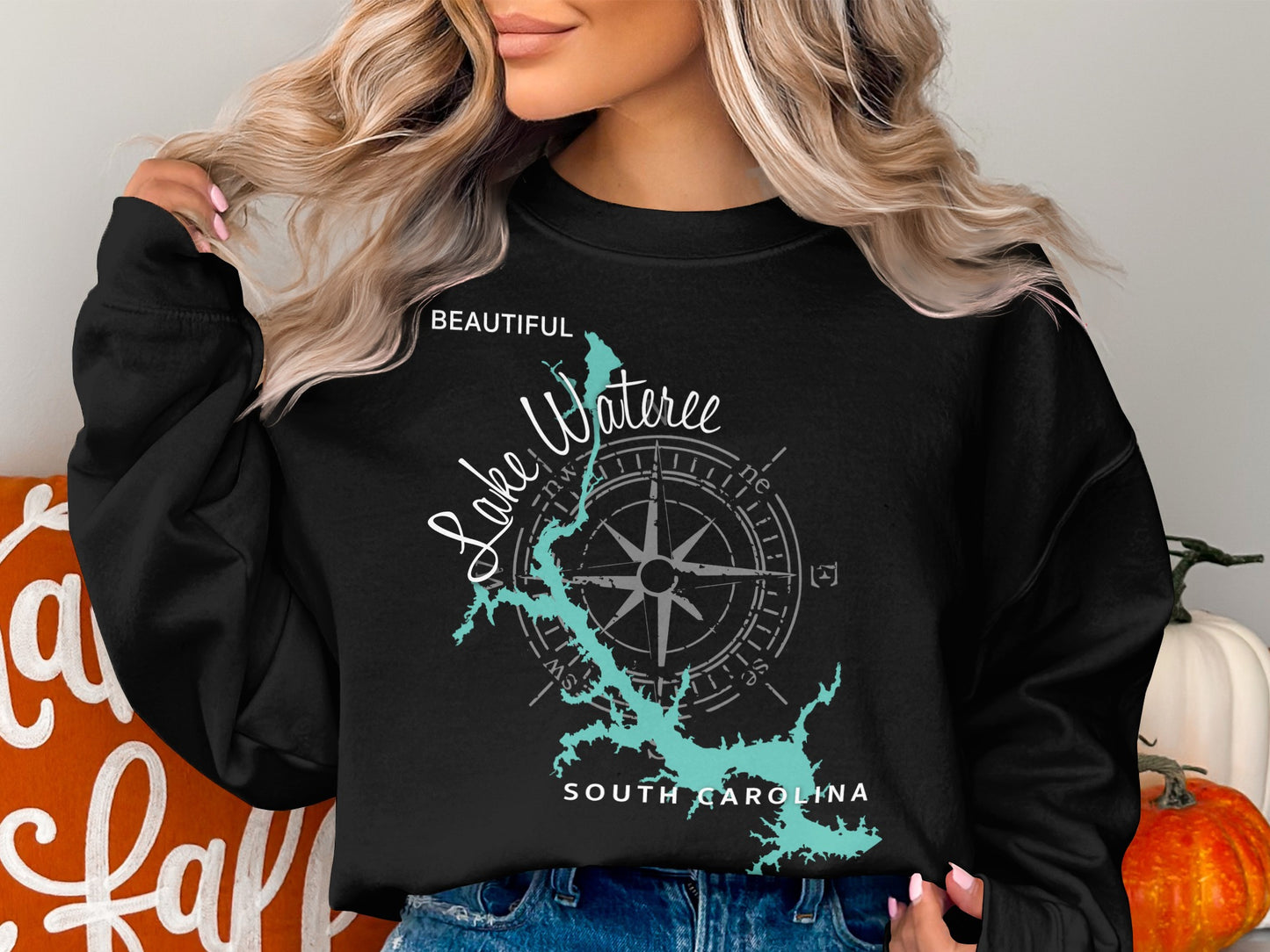Black sweatshirt with a turquoise map of Lake Wateree, South Carolina, and compass rose.