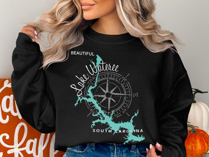 Black sweatshirt with a turquoise map of Lake Wateree, South Carolina, and compass rose.