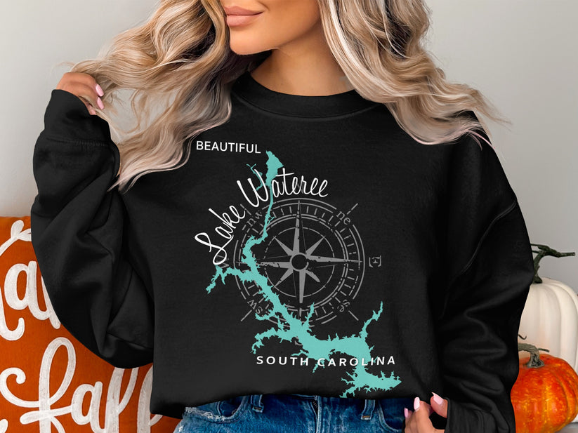 Black sweatshirt with a turquoise map of Lake Wateree, South Carolina, and compass rose.