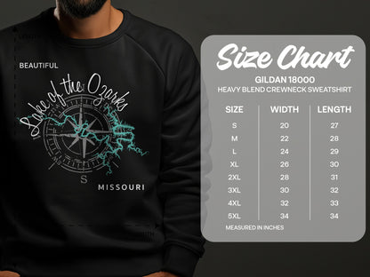 Crewneck sweatshirt with "Lake of the Ozarks Missouri" compass graphic and size chart.