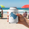 White can koozie with "Lake Calhoun Georgia" and map design held on a beach.
