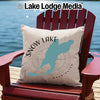 Light beige pillow with "Snow Lake Washington" map and compass on a red Adirondack chair.